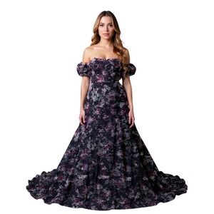 JOVANI 40331 Off-the-Shoulder Floral Gown with Layered Ruffle Details NEW Size 2